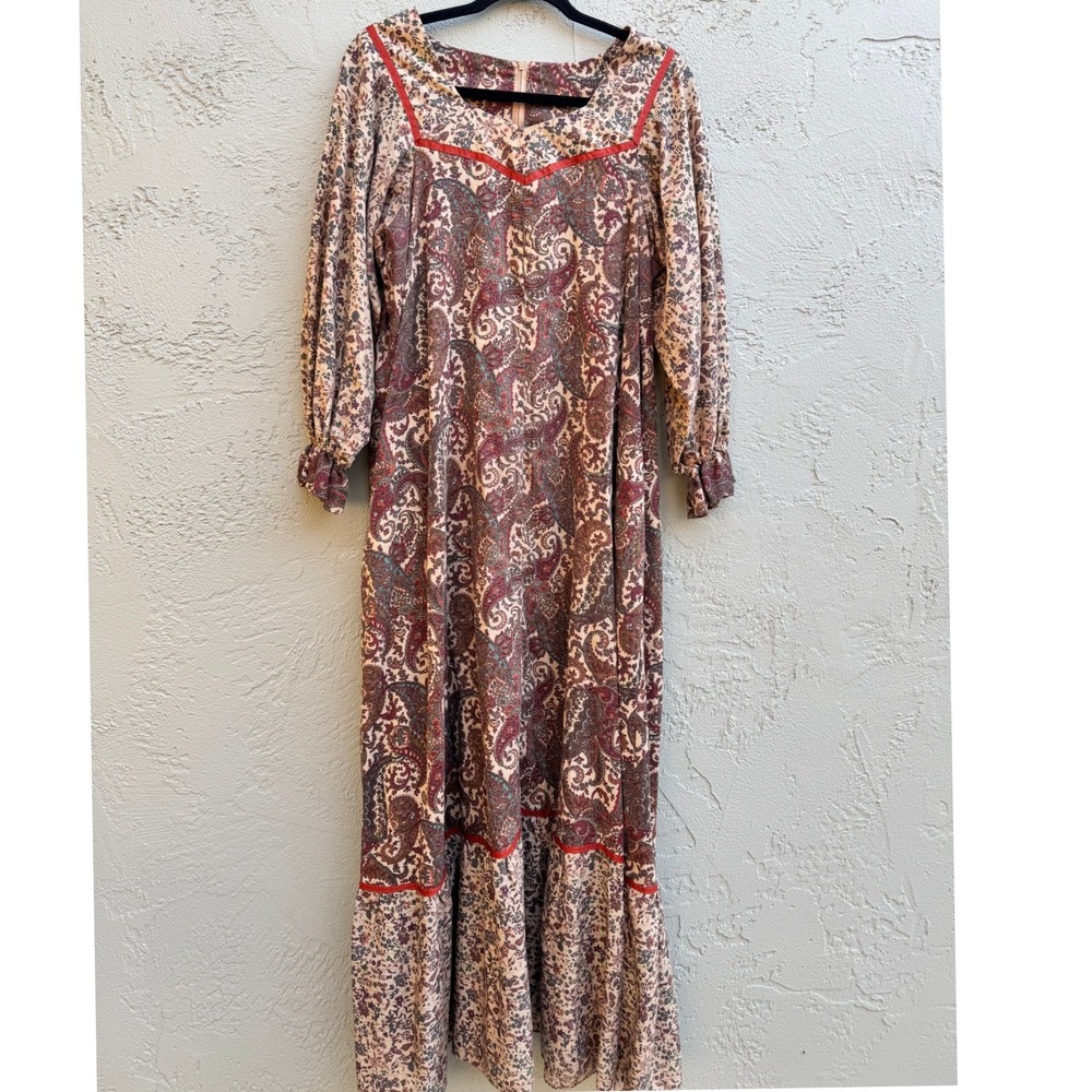 Vintage Magnolia SF Womens Paisley Floral Long Sleeve Maxi Dress LARGE Retro